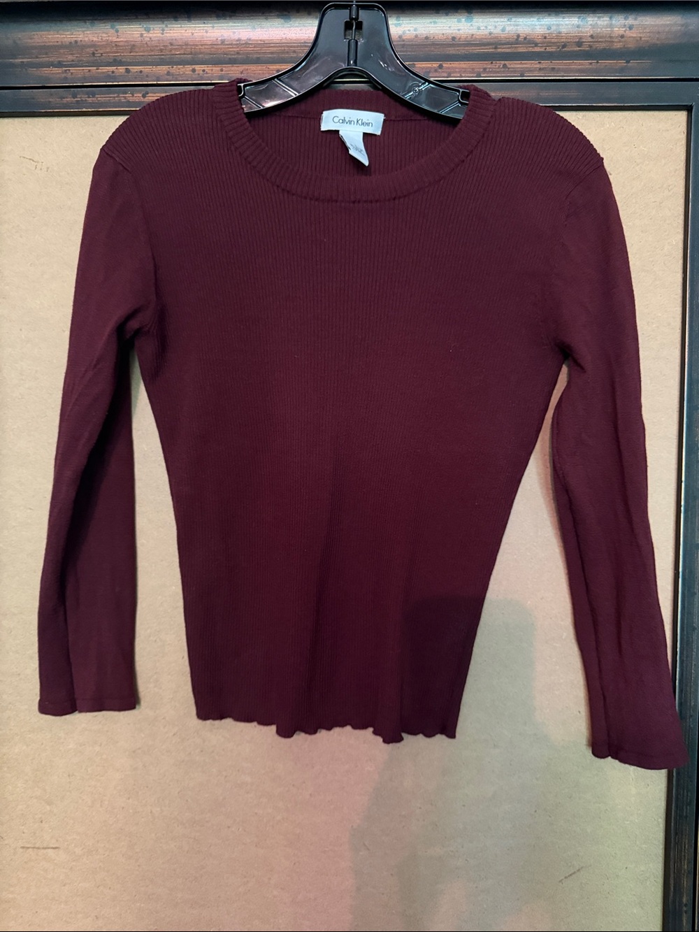 Calvin Klein Women's Long Sleeve Ribbed Crewneck Top - Wine